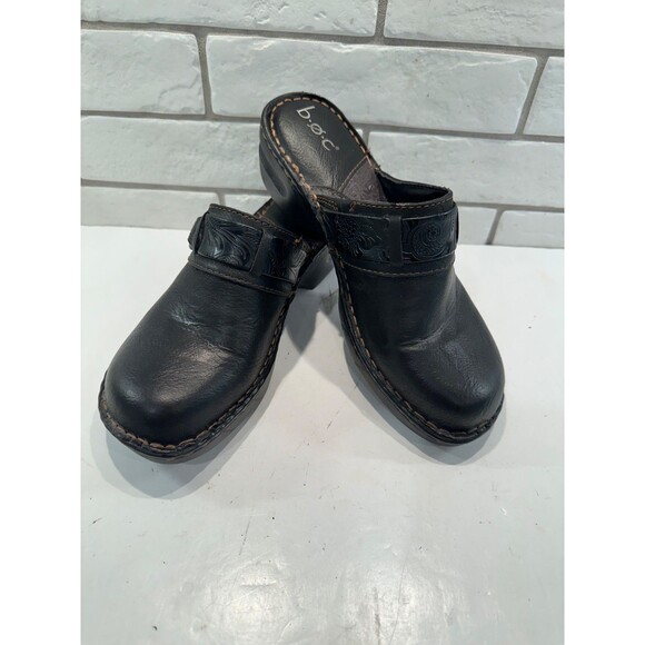 BORN B.O.C. Womens Black Tooled Stitched Leather Clog Slide On Mule Buckle 10 M - Picture 1 of 12